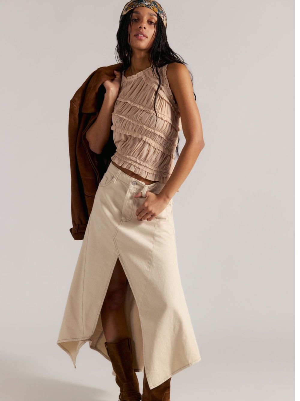 We The Free Cream  Denim Handkerchief-Hem A-Line Skirt
